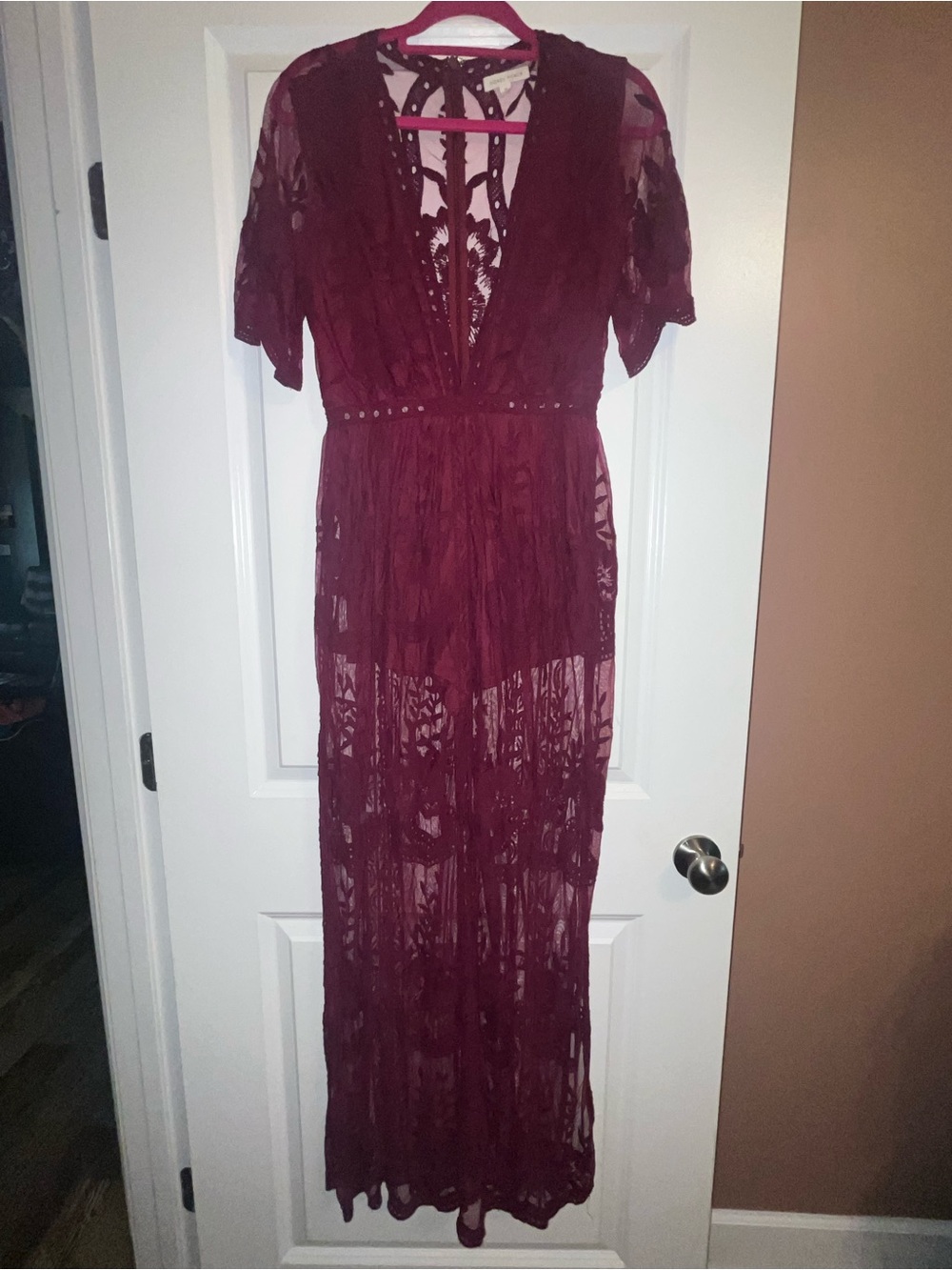 Honey Punch Burgundy Lace Maxi Romper/Dress with Deep V